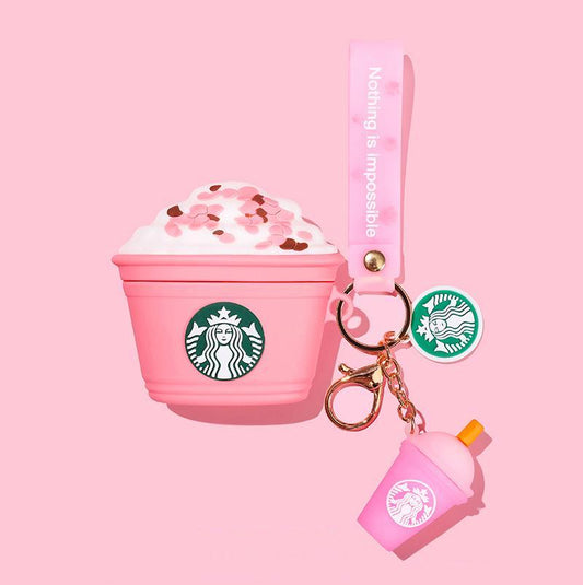pink frappe air pod case with keychain